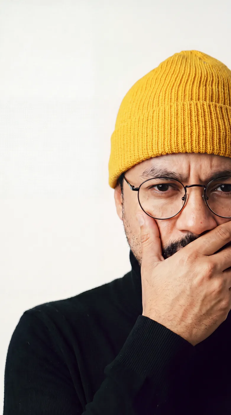 Júnior de gorro mostarda e óculos